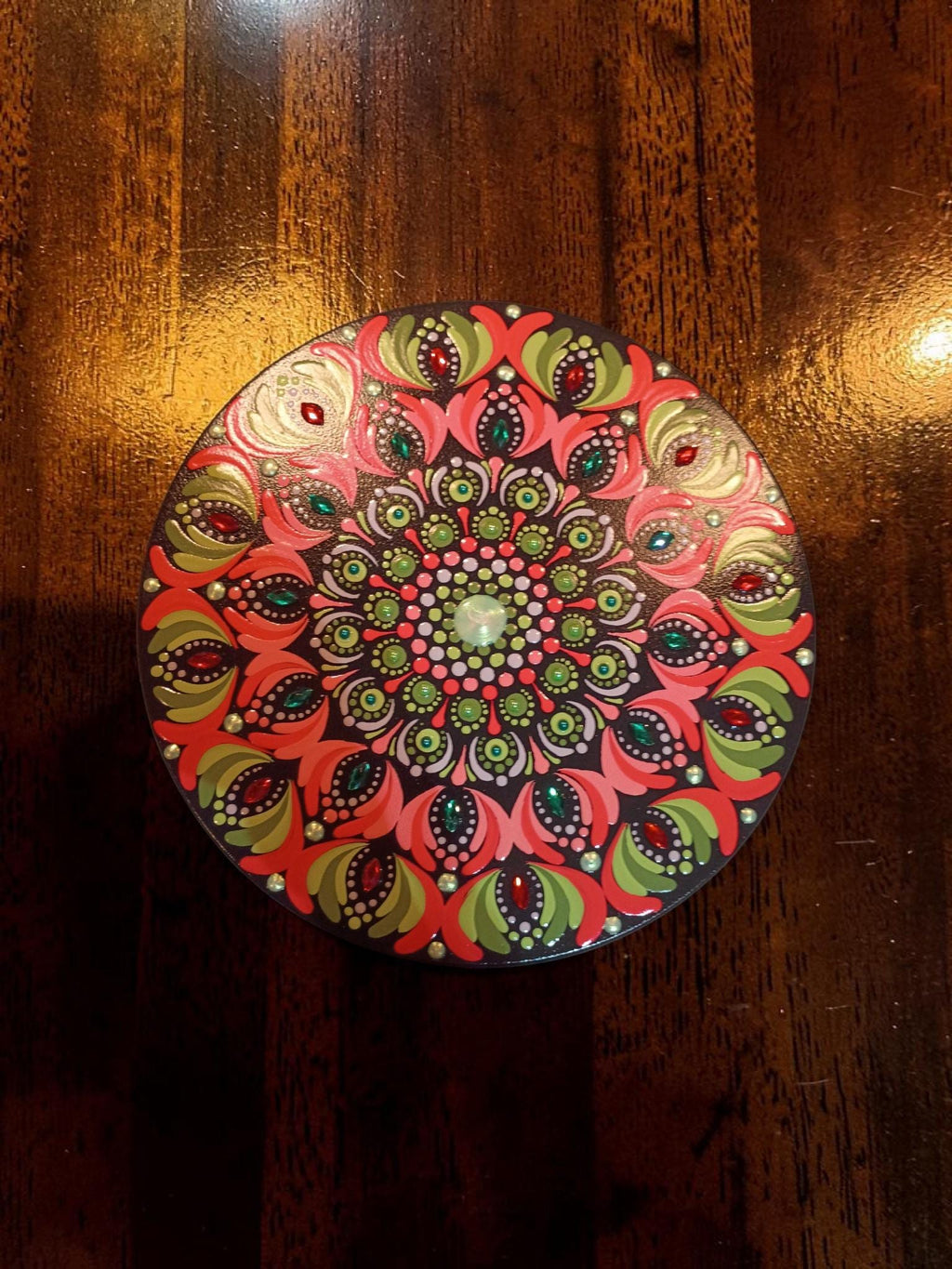 Hand-Painted Mandala Lazy Susan Turntable (10 inch) – Green and Coral with shimmering accents