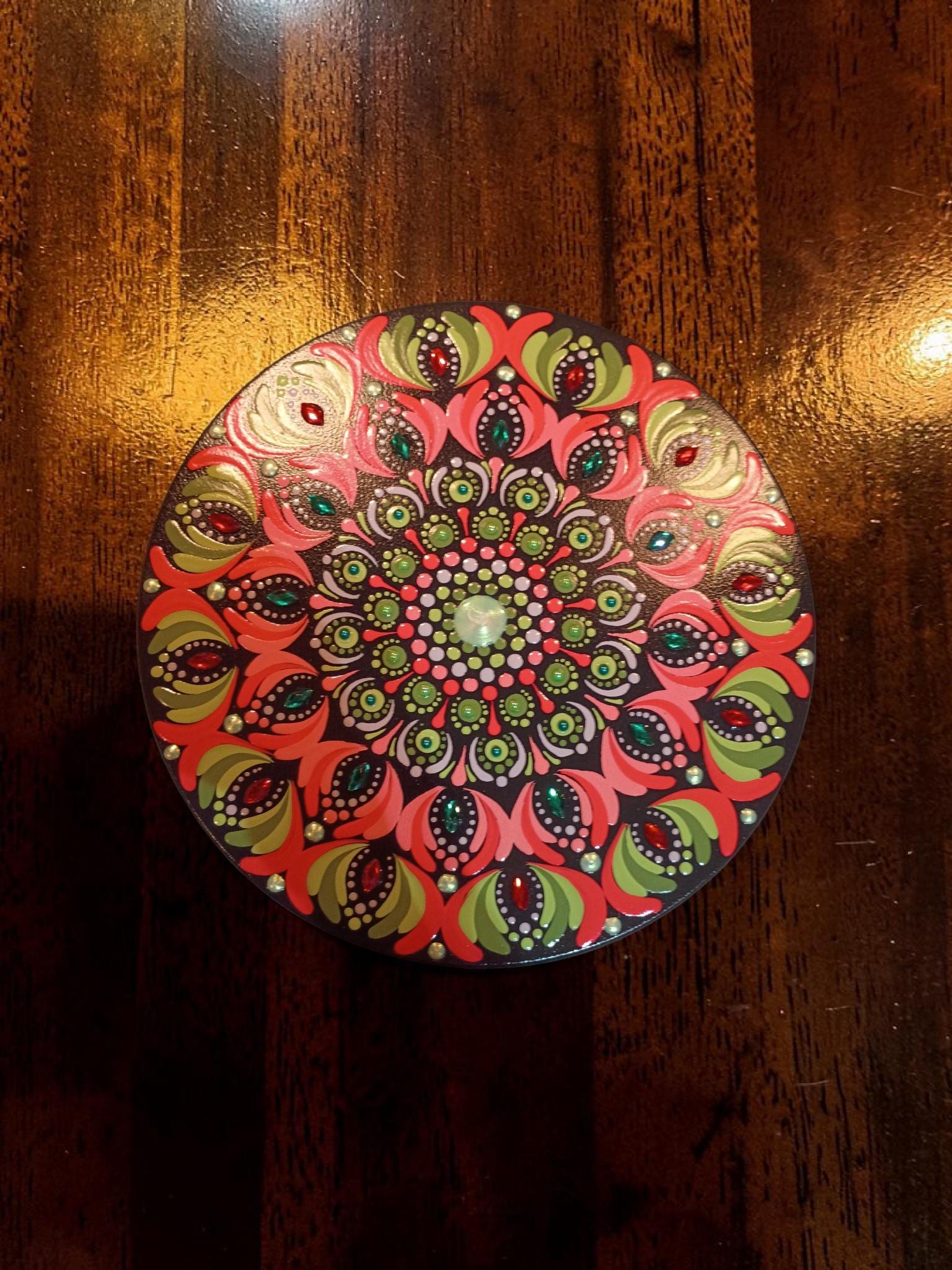Hand-Painted Mandala Lazy Susan Turntable (10 inch) – Green and Coral with shimmering accents