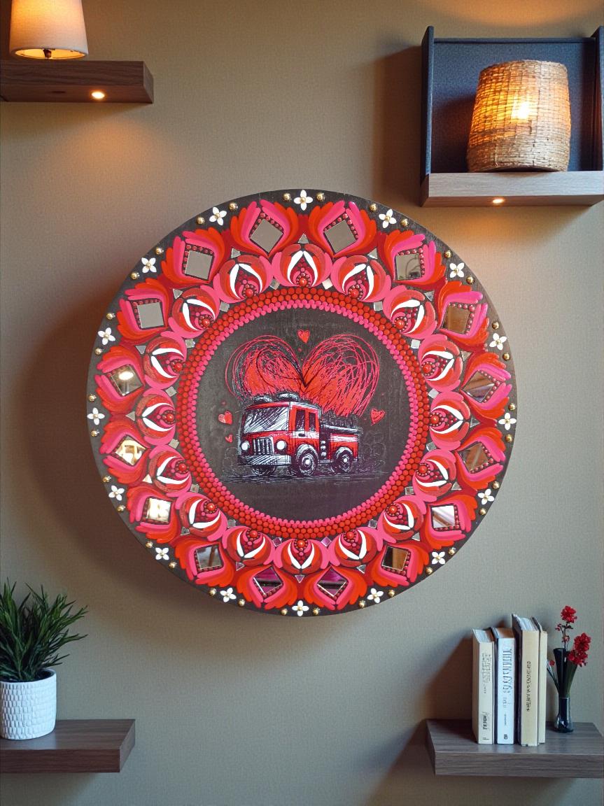 19.5" Hand-Painted Mandala Art with Mirror Accents and Fire Fighter themed