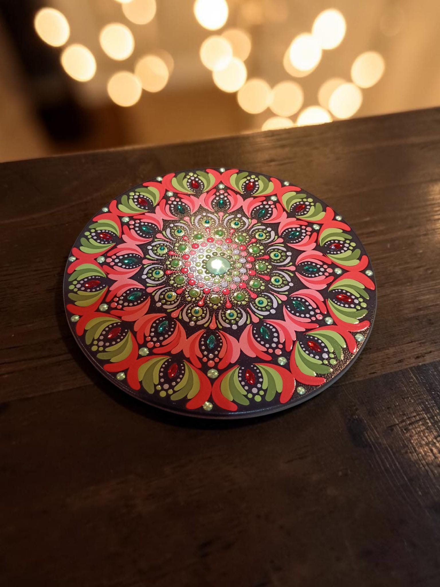 Hand-Painted Mandala Lazy Susan Turntable (10 inch) – Green and Coral with shimmering accents