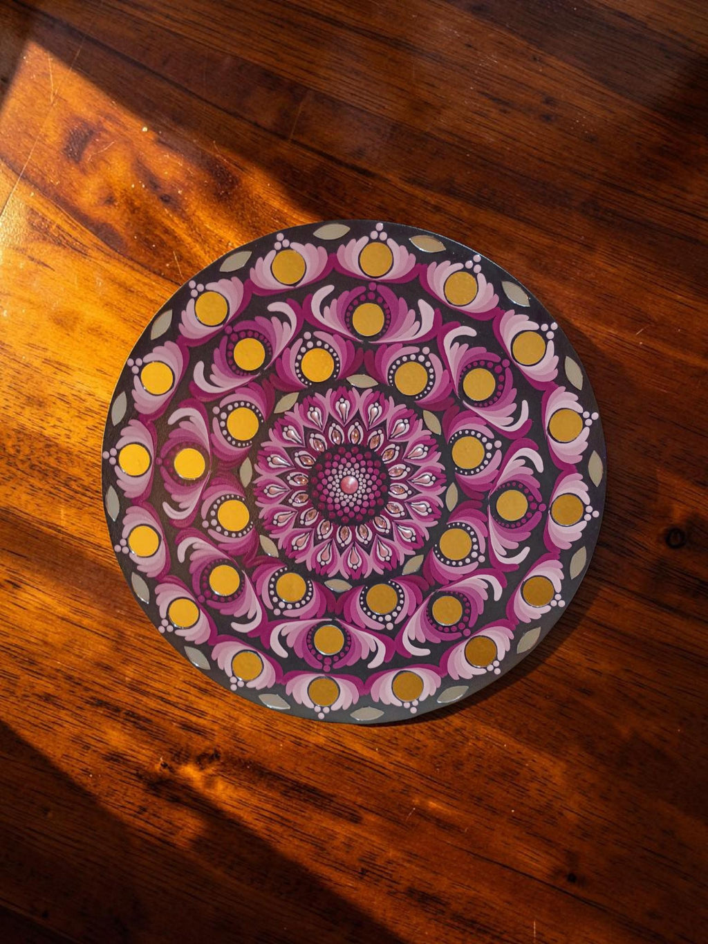 16" Hand-Painted Mandala Acrylic Art - Wall Hanging in shades of mauve