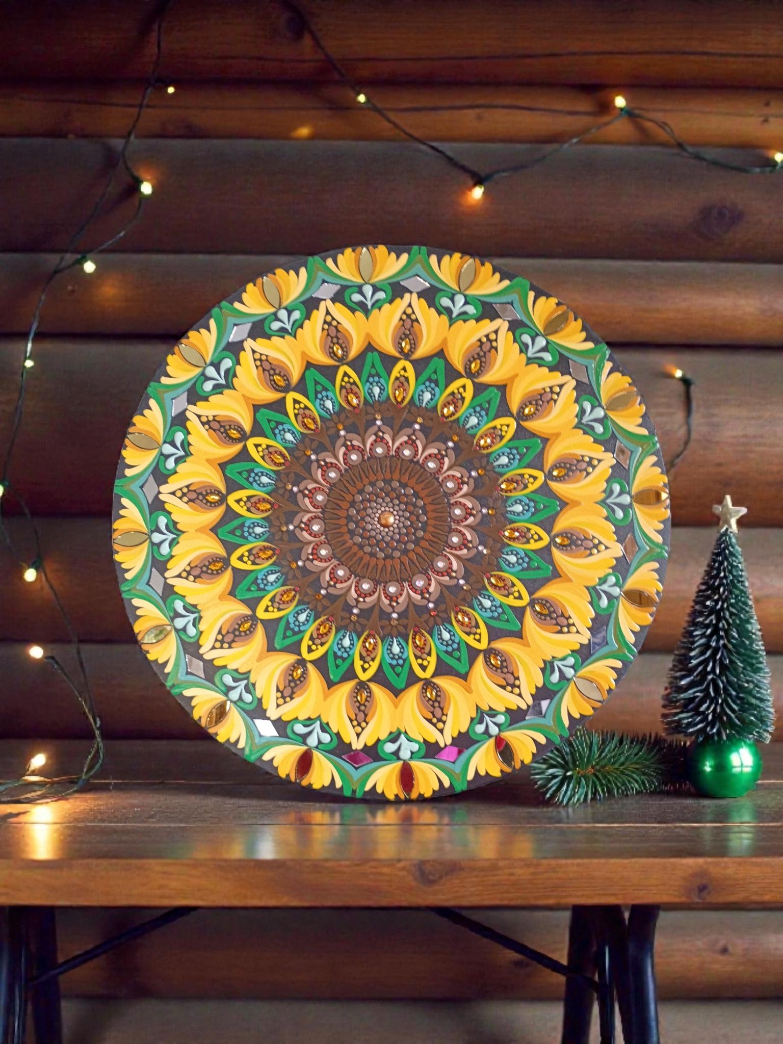 18" Hand-Painted Mandala Round Wood Wall Art with Mirror Accents-Sunflower Design