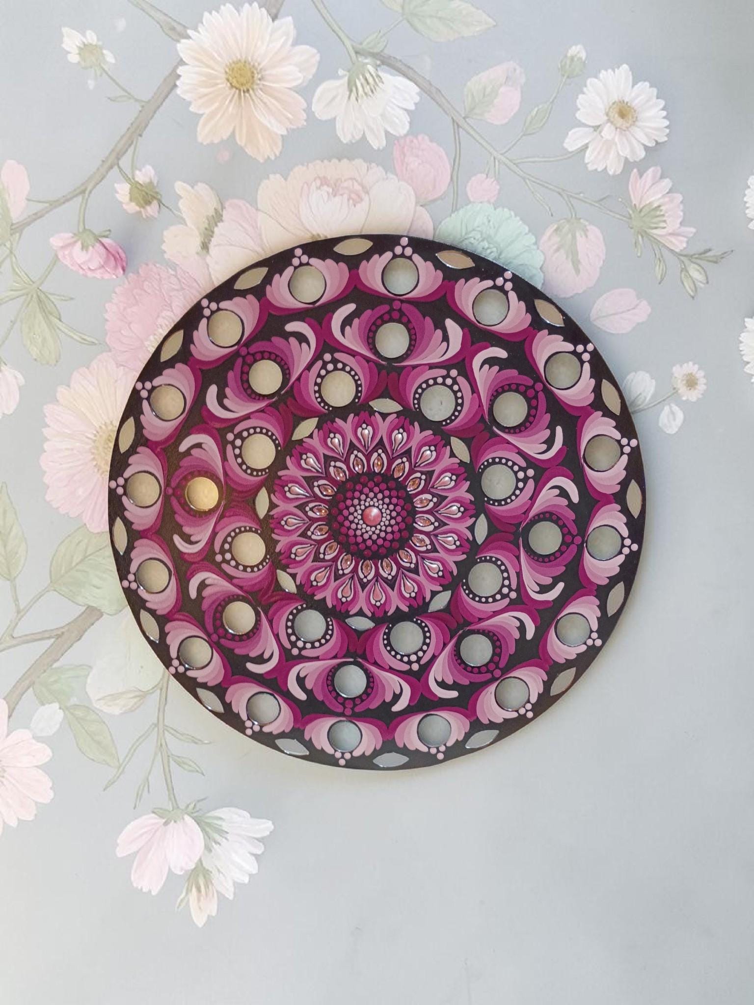 16" Hand-Painted Mandala Acrylic Art - Wall Hanging in shades of mauve
