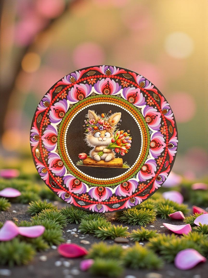 16" Hand-Painted Mandala Round Wood Wall Art- Spring Bunny
