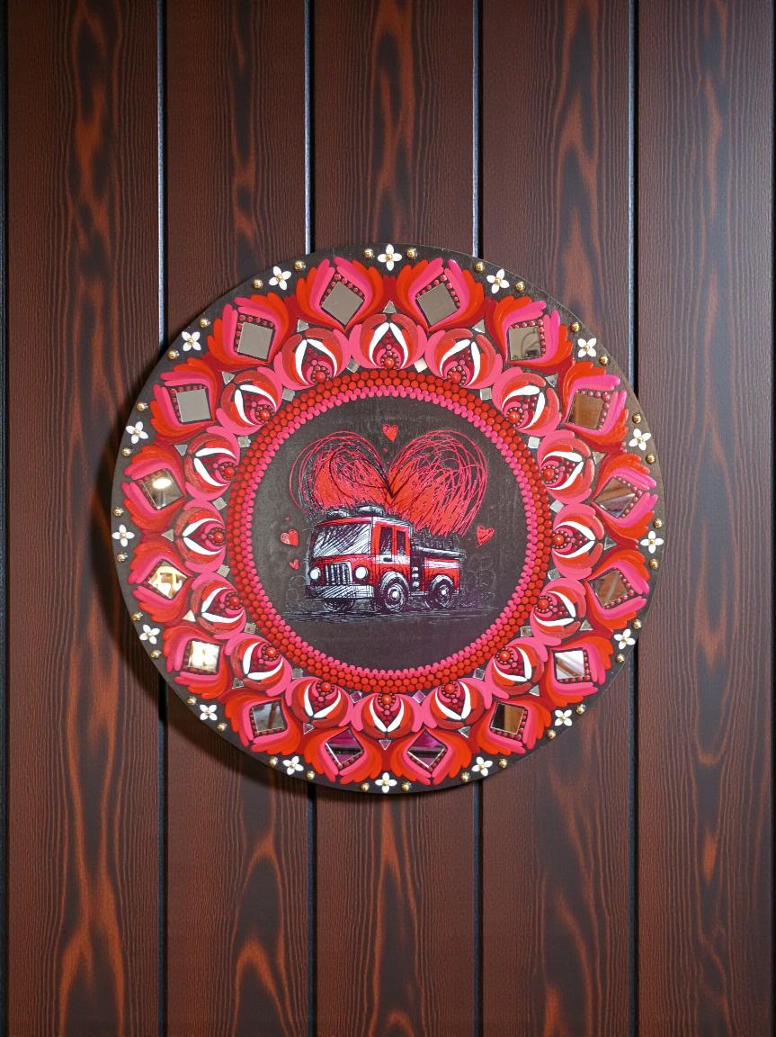 19.5" Hand-Painted Mandala Art with Mirror Accents and Fire Fighter themed