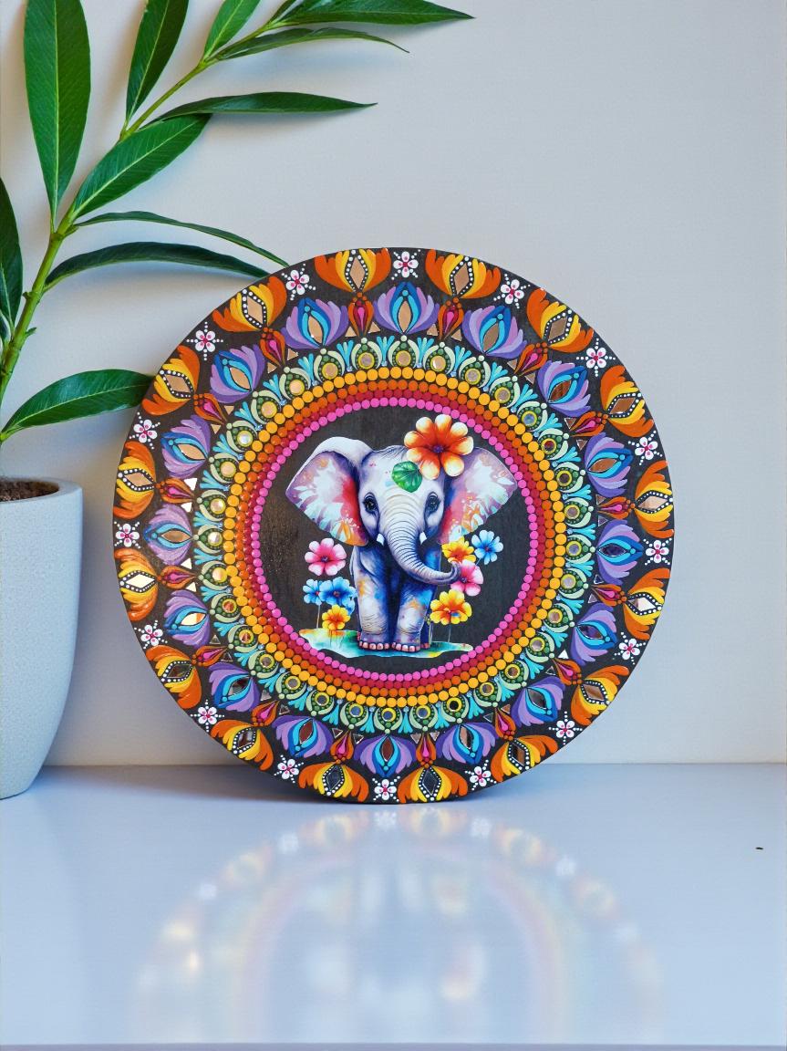 19.5" Hand-Painted Mandala Art with Mirror Accents and Floral Elephant Themed