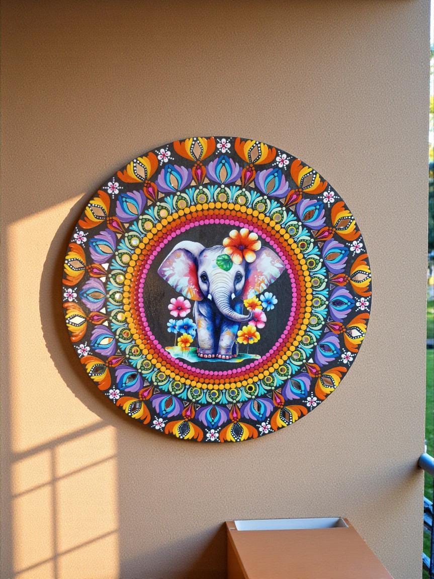 19.5" Hand-Painted Mandala Art with Mirror Accents and Floral Elephant Themed