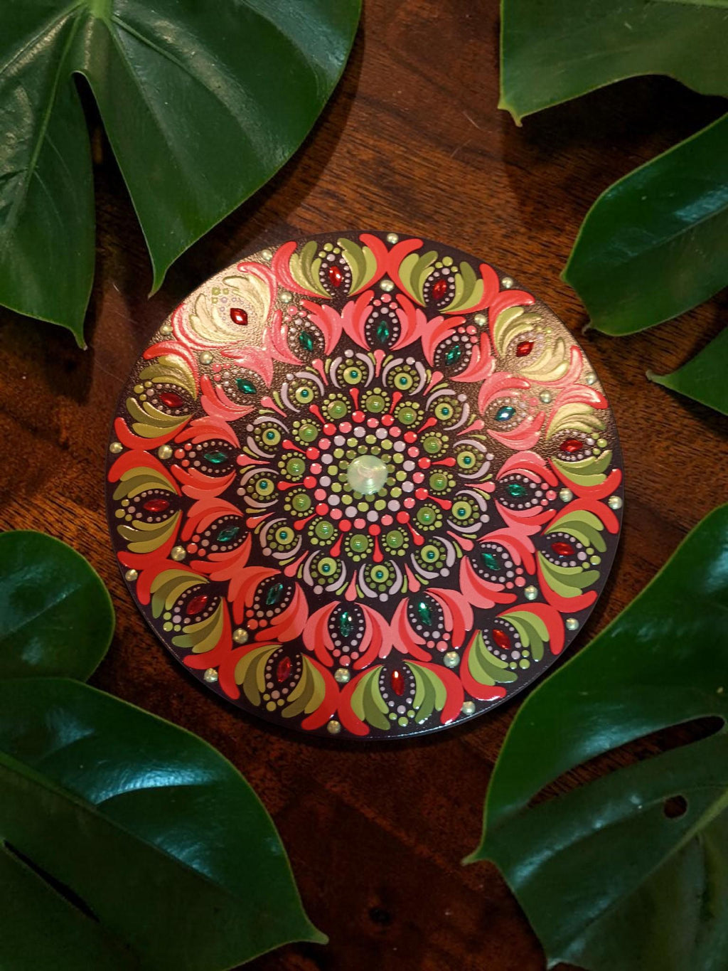 Hand-Painted Mandala Lazy Susan Turntable (10 inch) – Green and Coral with shimmering accents