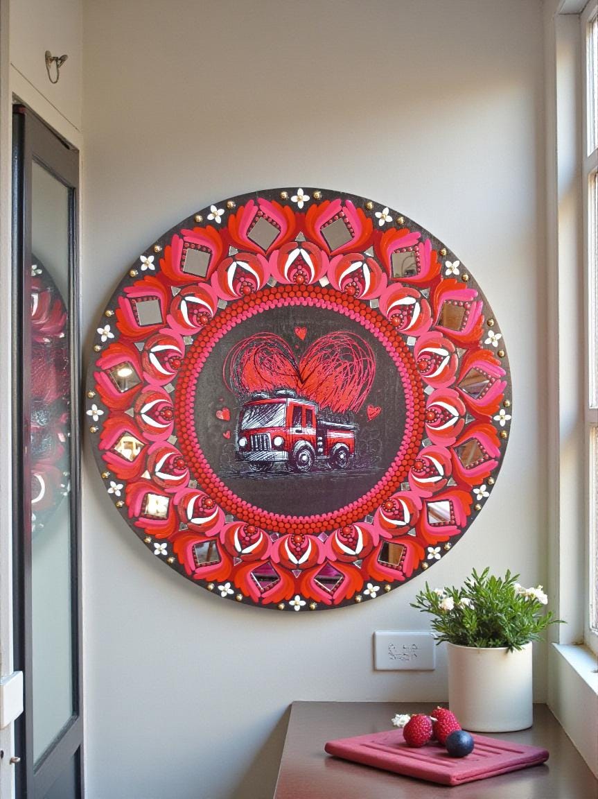 19.5" Hand-Painted Mandala Art with Mirror Accents and Fire Fighter themed