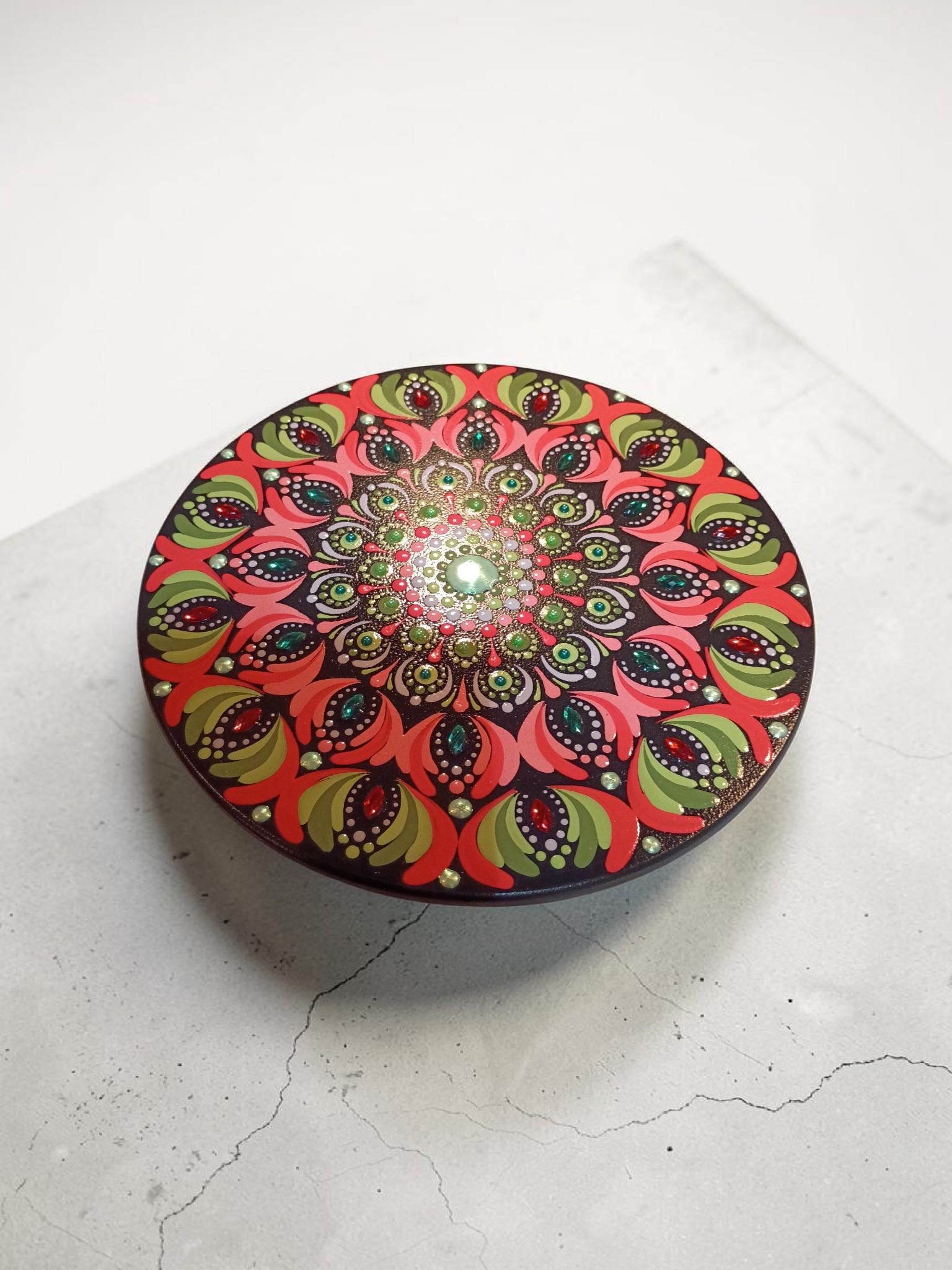 Hand-Painted Mandala Lazy Susan Turntable (10 inch) – Green and Coral with shimmering accents