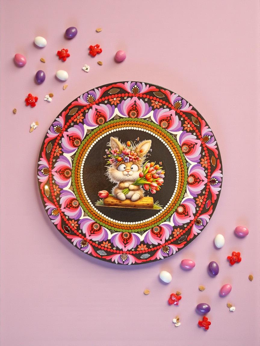 16" Hand-Painted Mandala Round Wood Wall Art- Spring Bunny