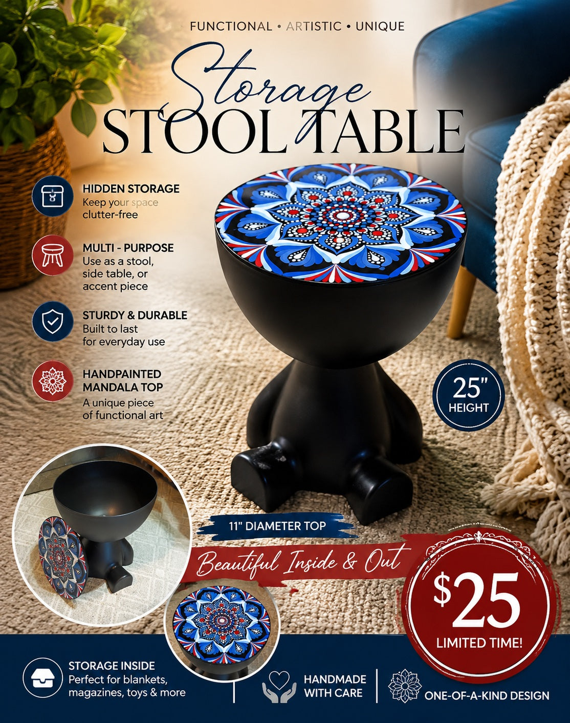 Hand‑Painted Mandala Storage Stool Table