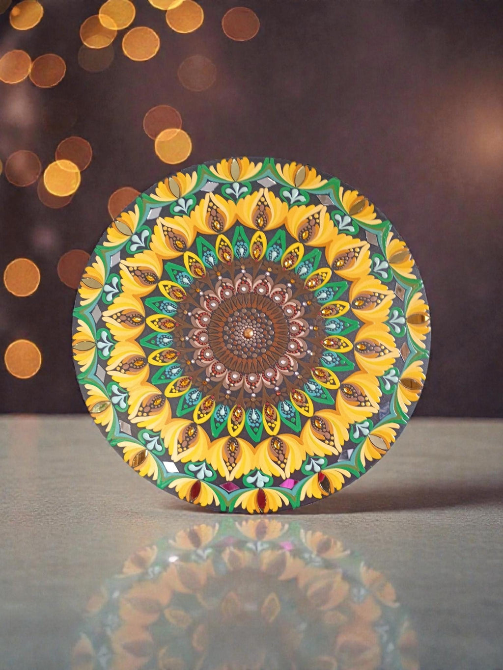 18" Hand-Painted Mandala Round Wood Wall Art with Mirror Accents-Sunflower Design