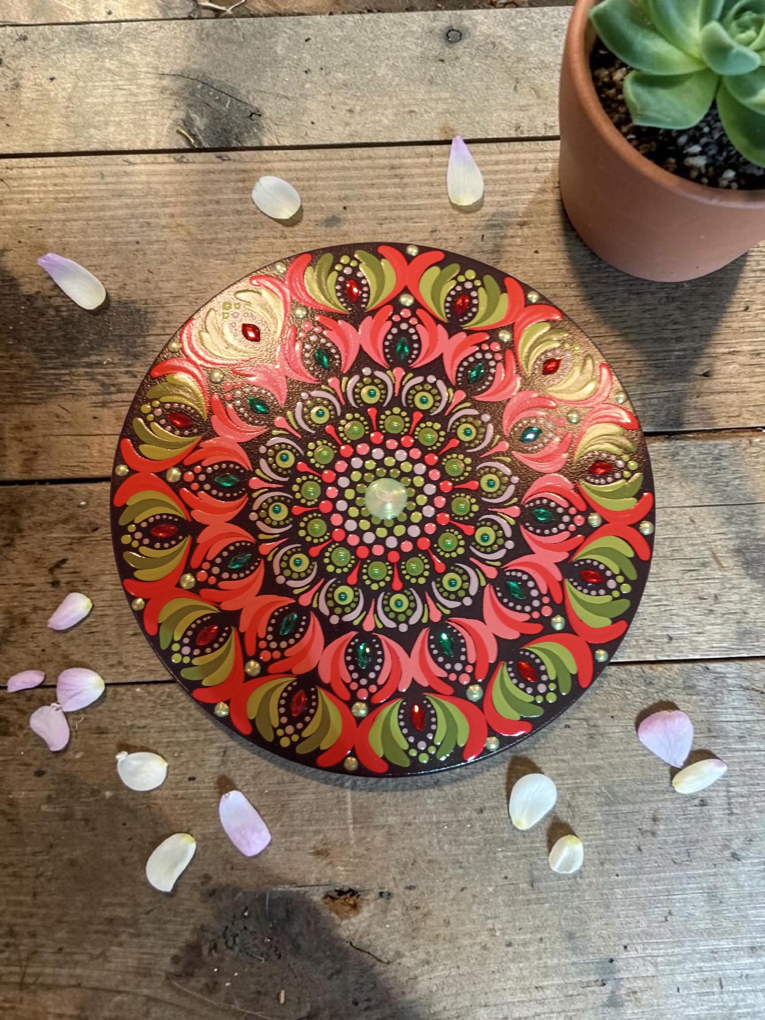 Hand-Painted Mandala Lazy Susan Turntable (10 inch) – Green and Coral with shimmering accents