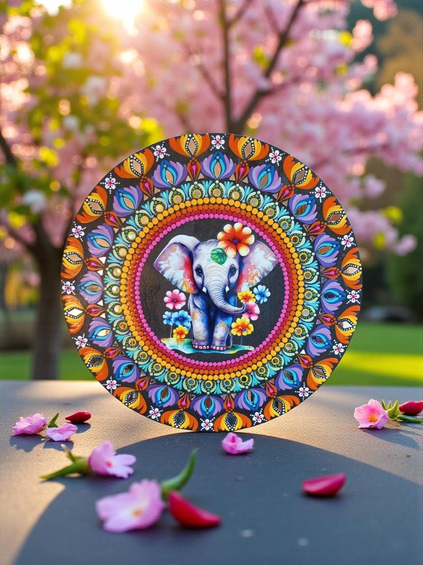 19.5" Hand-Painted Mandala Art with Mirror Accents and Floral Elephant Themed