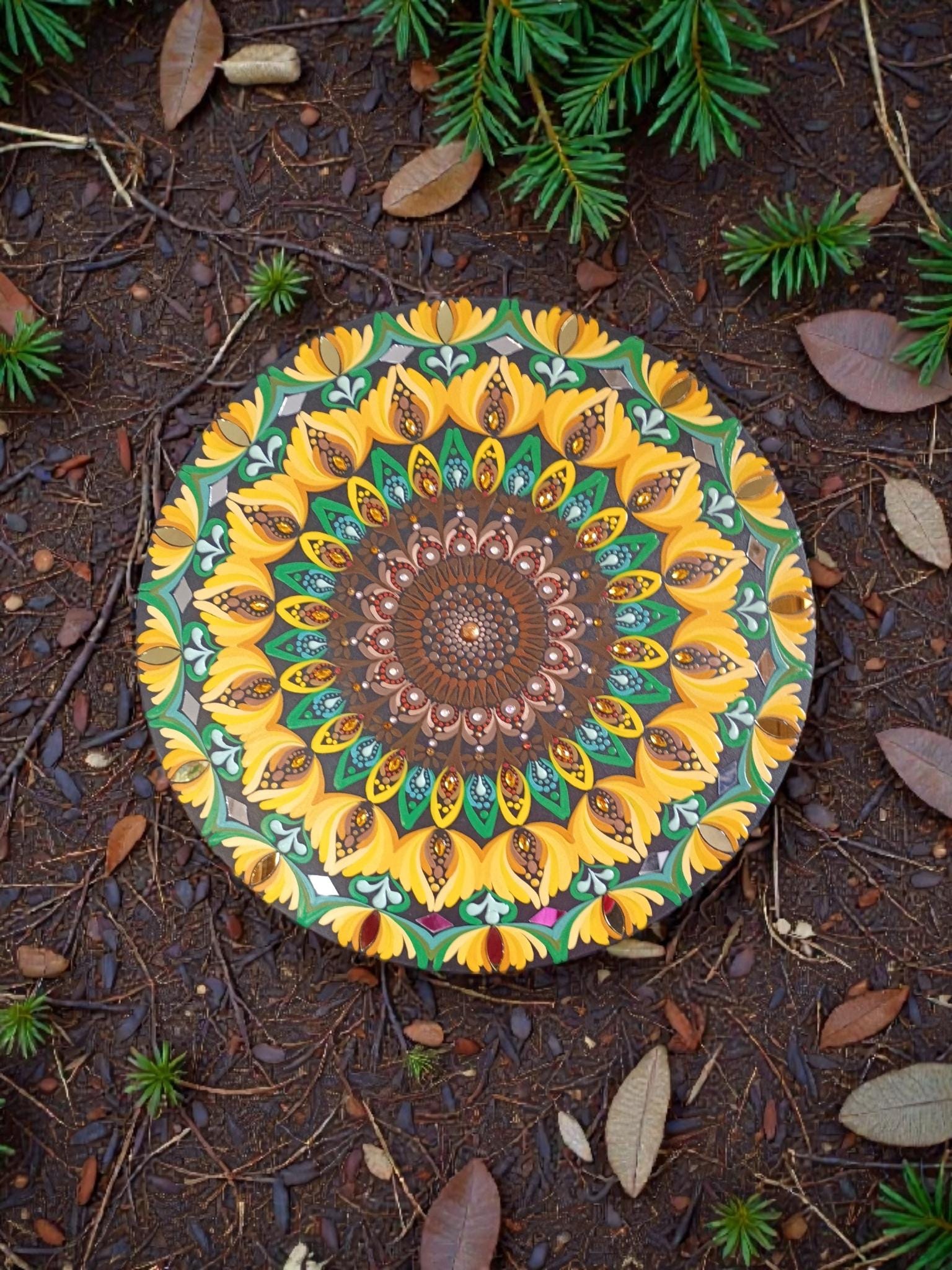 18" Hand-Painted Mandala Round Wood Wall Art with Mirror Accents-Sunflower Design