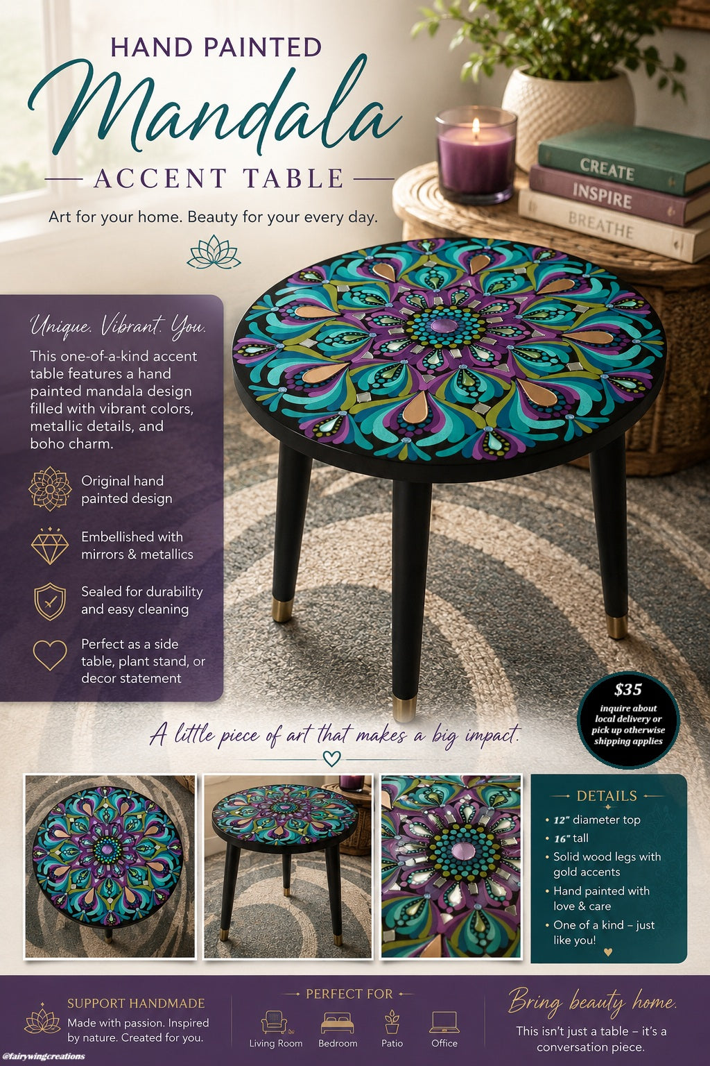 Hand‑Painted Mandala Accent Table