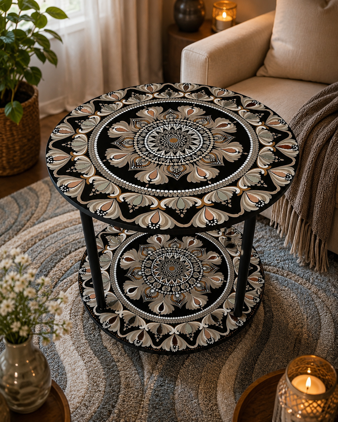 Hand‑Painted Mandala Accent Table