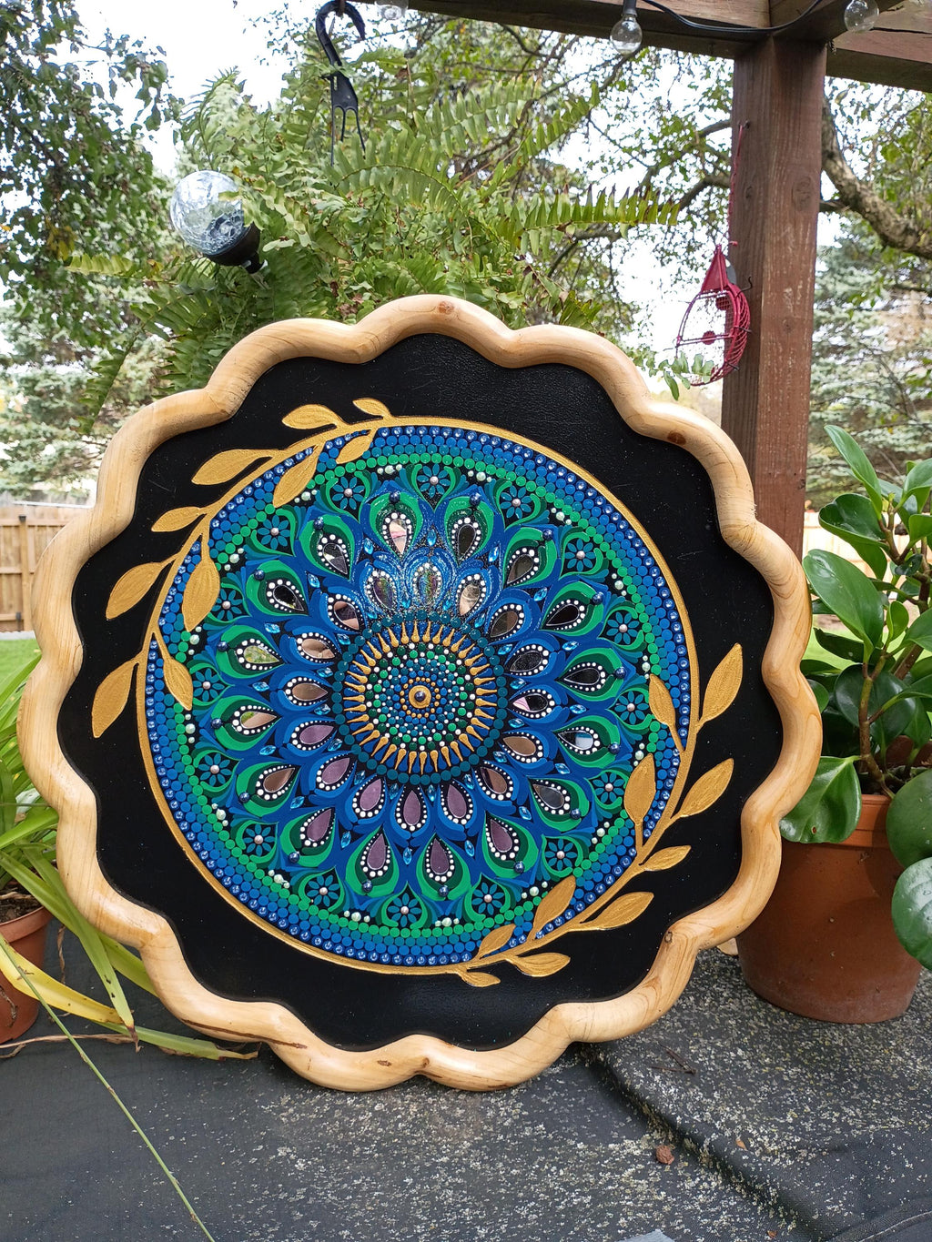 23" Hand-Painted Mandala Wall Hanging: Blue, Green & Turquoise Acrylic, Beaded Hanger