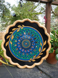 23" Hand-Painted Mandala Wall Hanging: Blue, Green & Turquoise Acrylic, Beaded Hanger