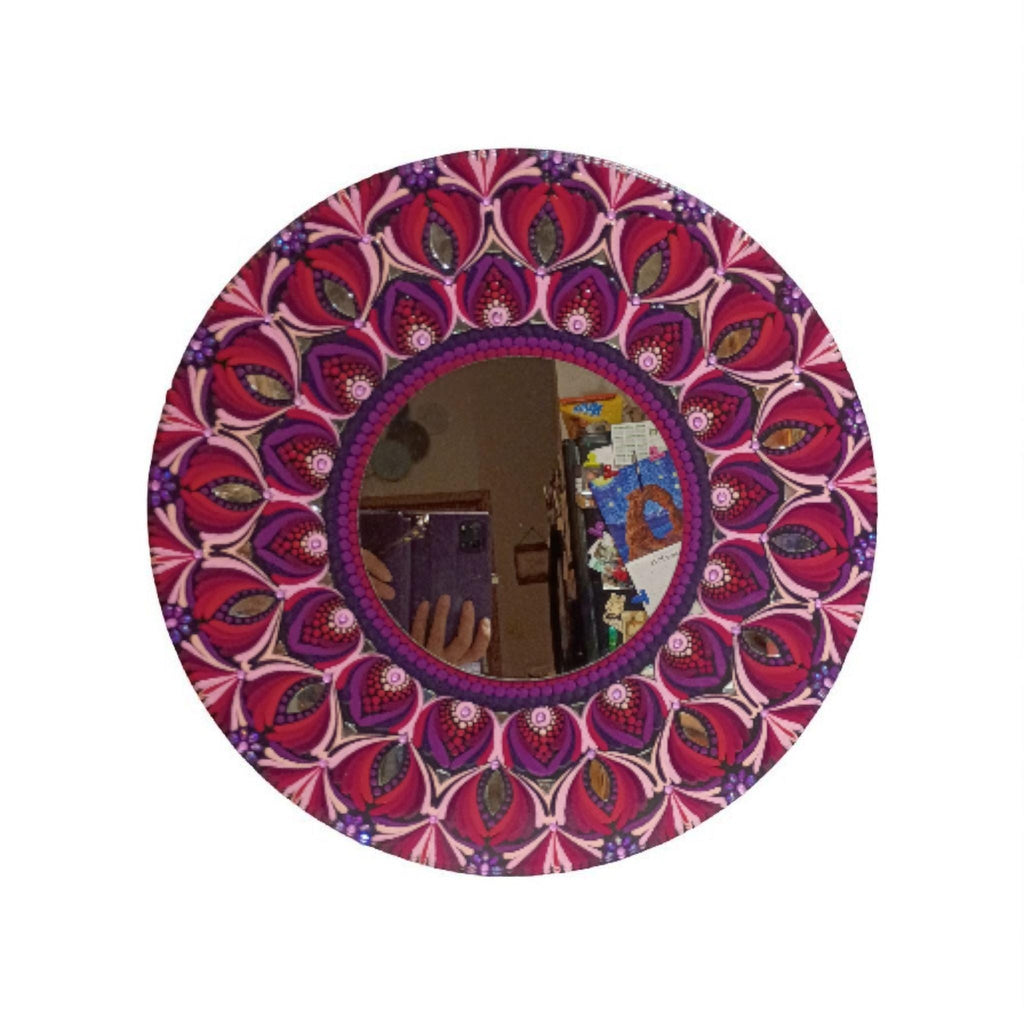 18" Hand-Painted Mandala Mirror: Round Boho Wall Mirror in Pink and Plum