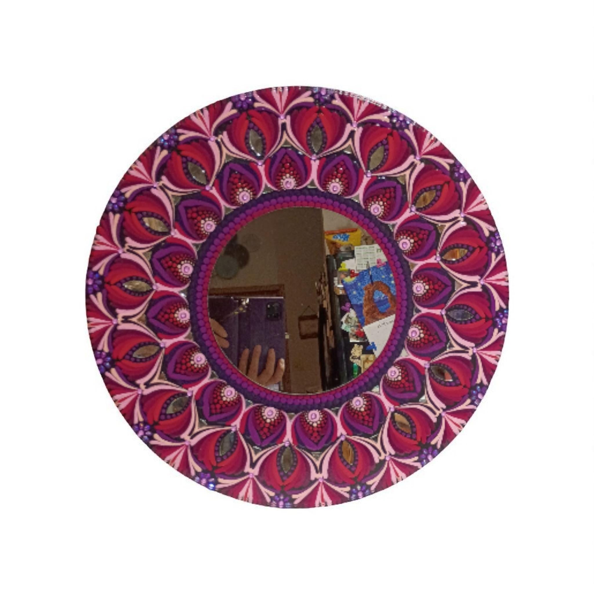 18" Hand-Painted Mandala Mirror: Round Boho Wall Mirror in Pink and Plum