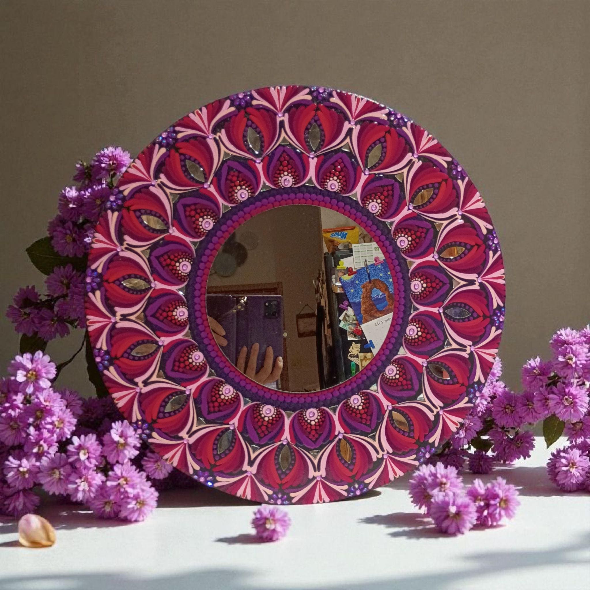 18" Hand-Painted Mandala Mirror: Round Boho Wall Mirror in Pink and Plum