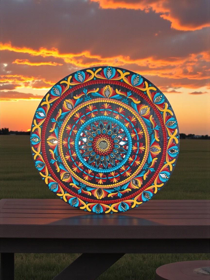 20" Hand-Painted Mandala Round Wood Wall Art with Mirror Accents