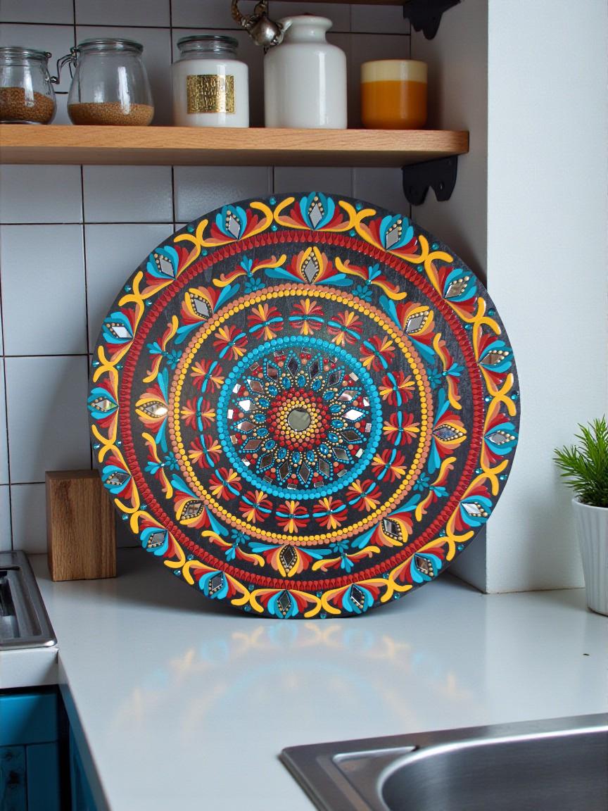 20" Hand-Painted Mandala Round Wood Wall Art with Mirror Accents