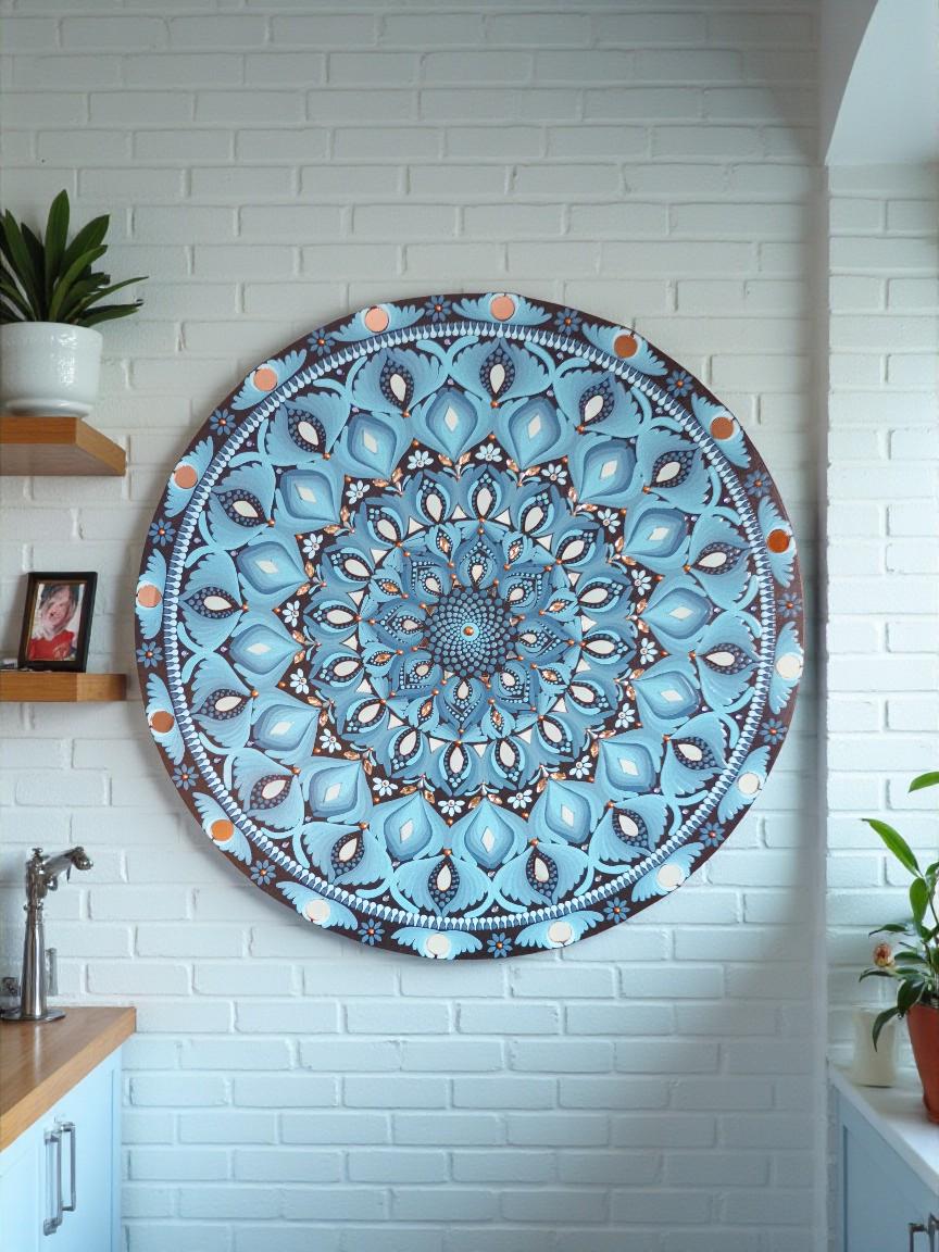 24” Hand-Painted Mandala with Mirror Accents | Ice Blue and Copper Tones