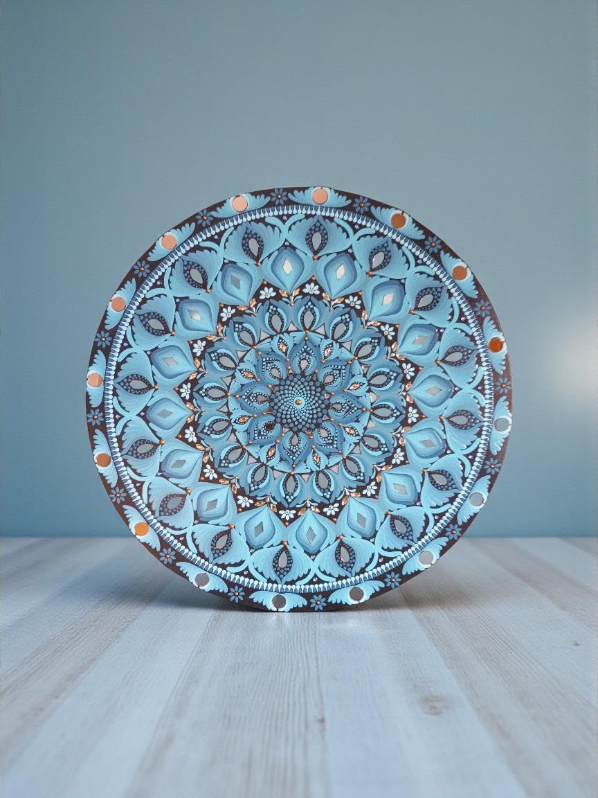 24” Hand-Painted Mandala with Mirror Accents | Ice Blue and Copper Tones