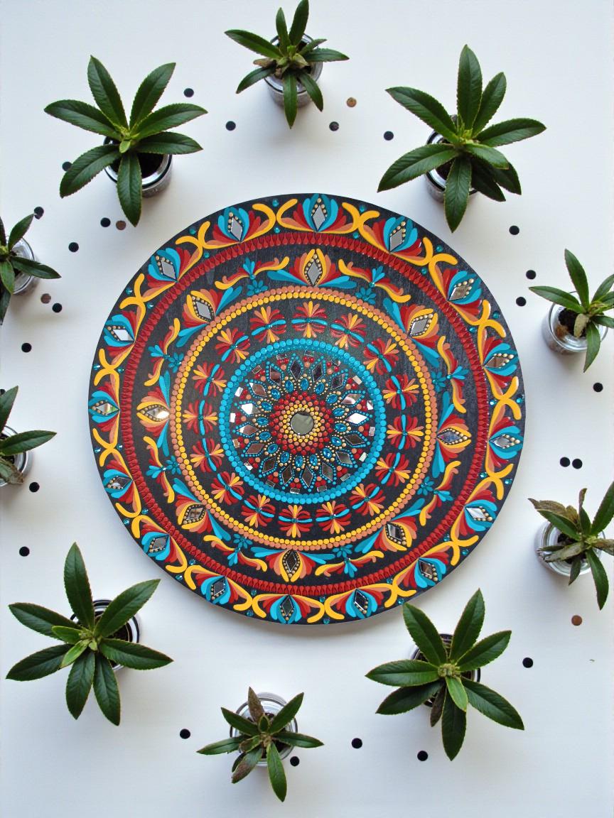 20" Hand-Painted Mandala Round Wood Wall Art with Mirror Accents