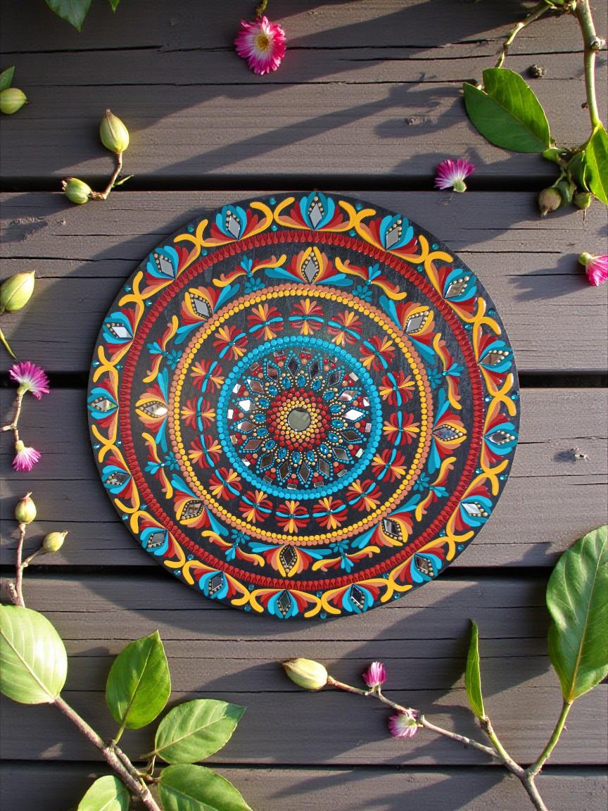 20" Hand-Painted Mandala Round Wood Wall Art with Mirror Accents
