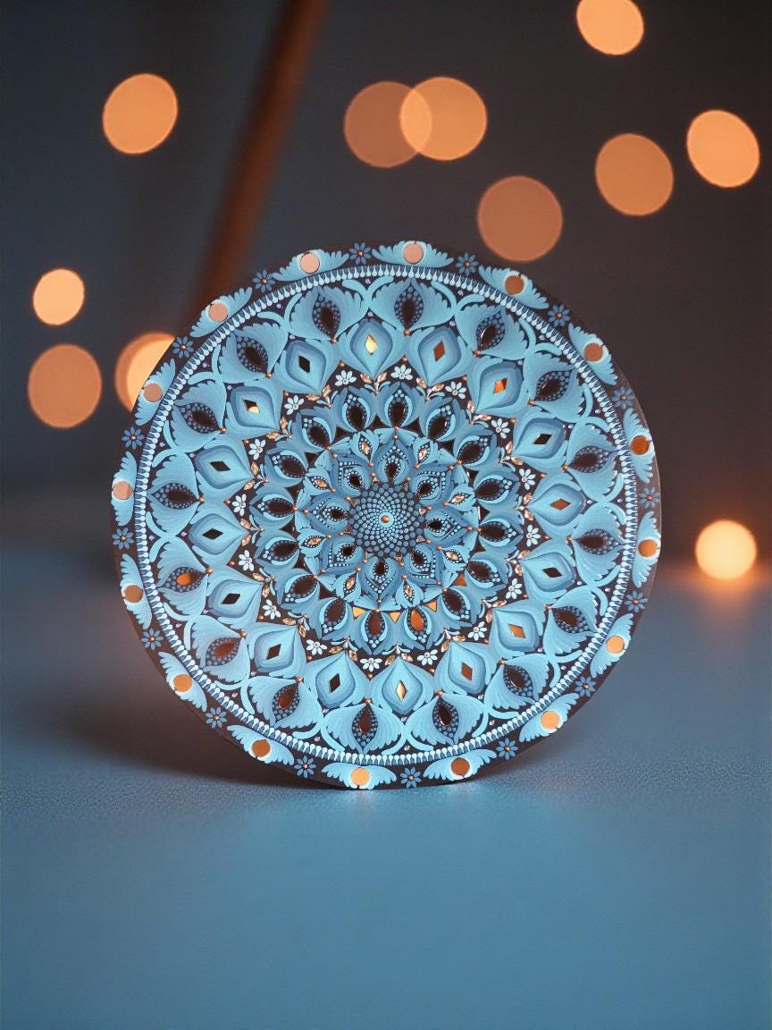 24” Hand-Painted Mandala with Mirror Accents | Ice Blue and Copper Tones