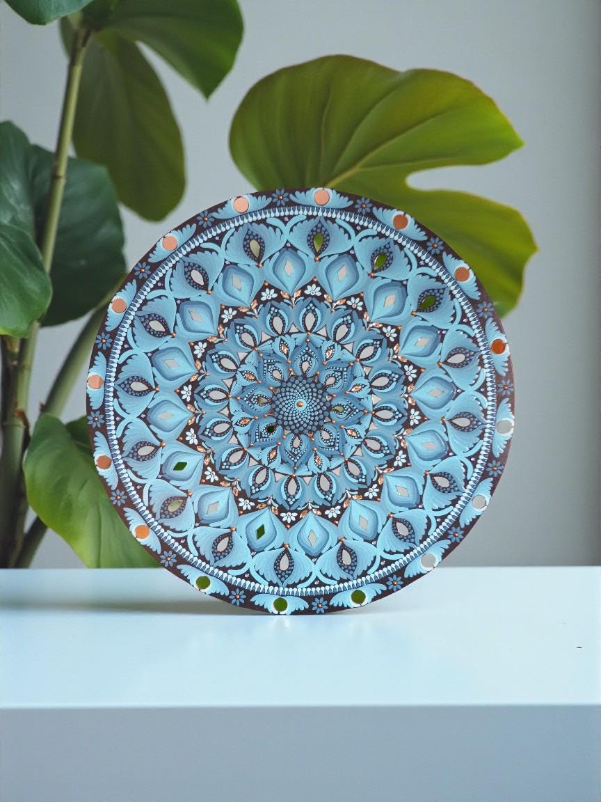 24” Hand-Painted Mandala with Mirror Accents | Ice Blue and Copper Tones