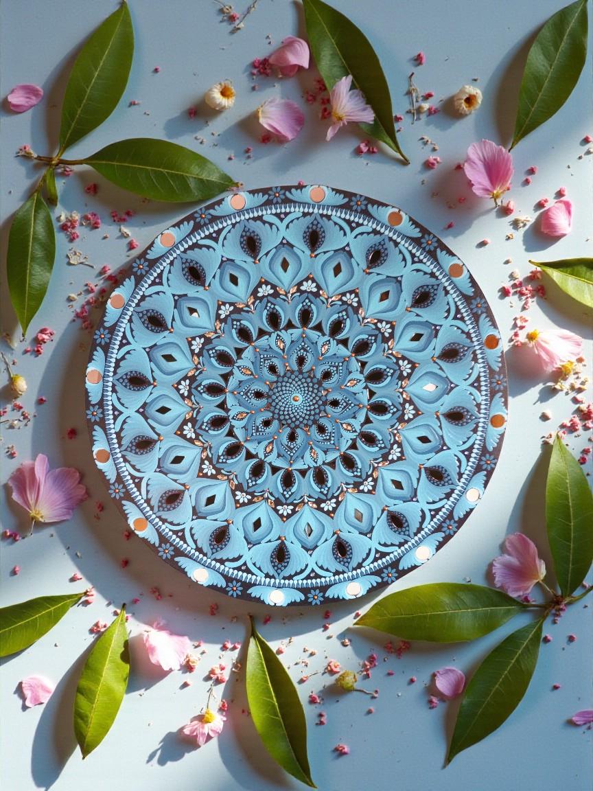 24” Hand-Painted Mandala with Mirror Accents | Ice Blue and Copper Tones