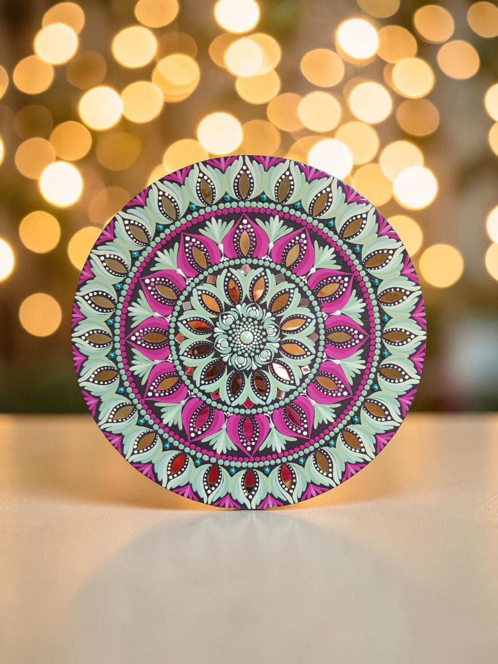 16" Hand-Painted Mandala Acrylic Art - Wall Hanging in Soft Green and Rose