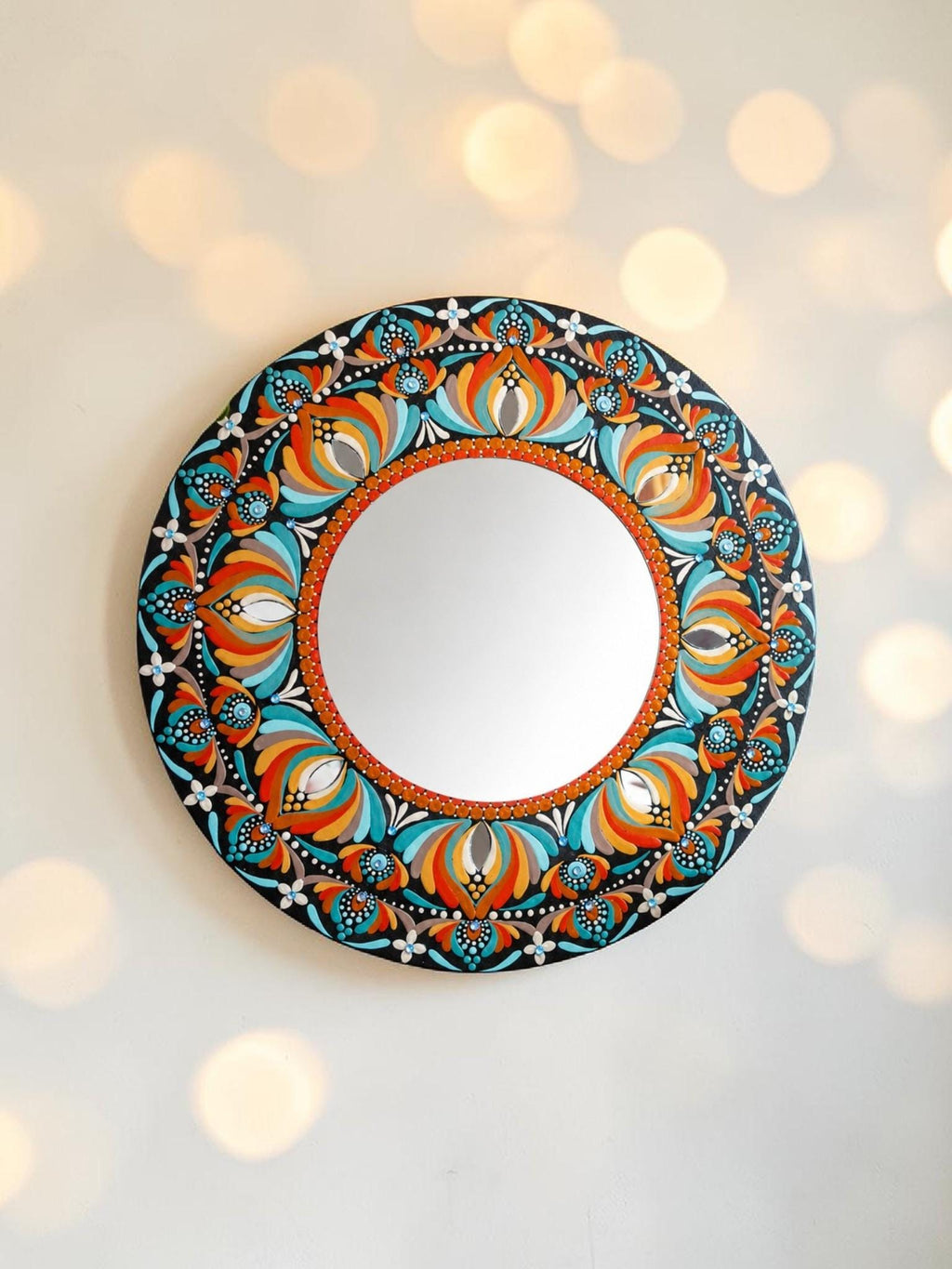 16" mandala mirror bursts with turquoise, orange, blue, and crisp white