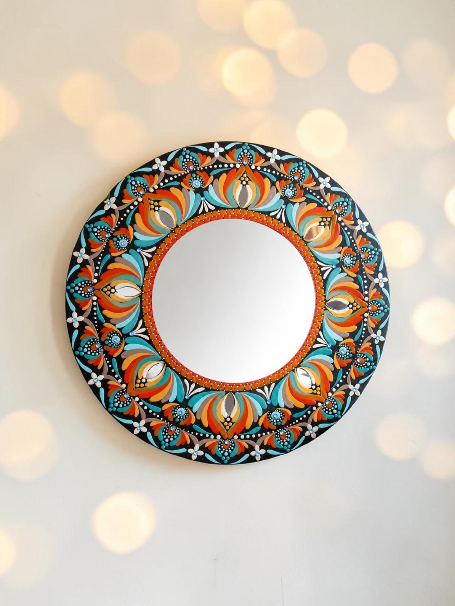 16" mandala mirror bursts with turquoise, orange, blue, and crisp white