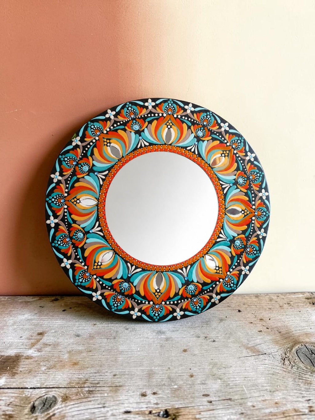 16" mandala mirror bursts with turquoise, orange, blue, and crisp white