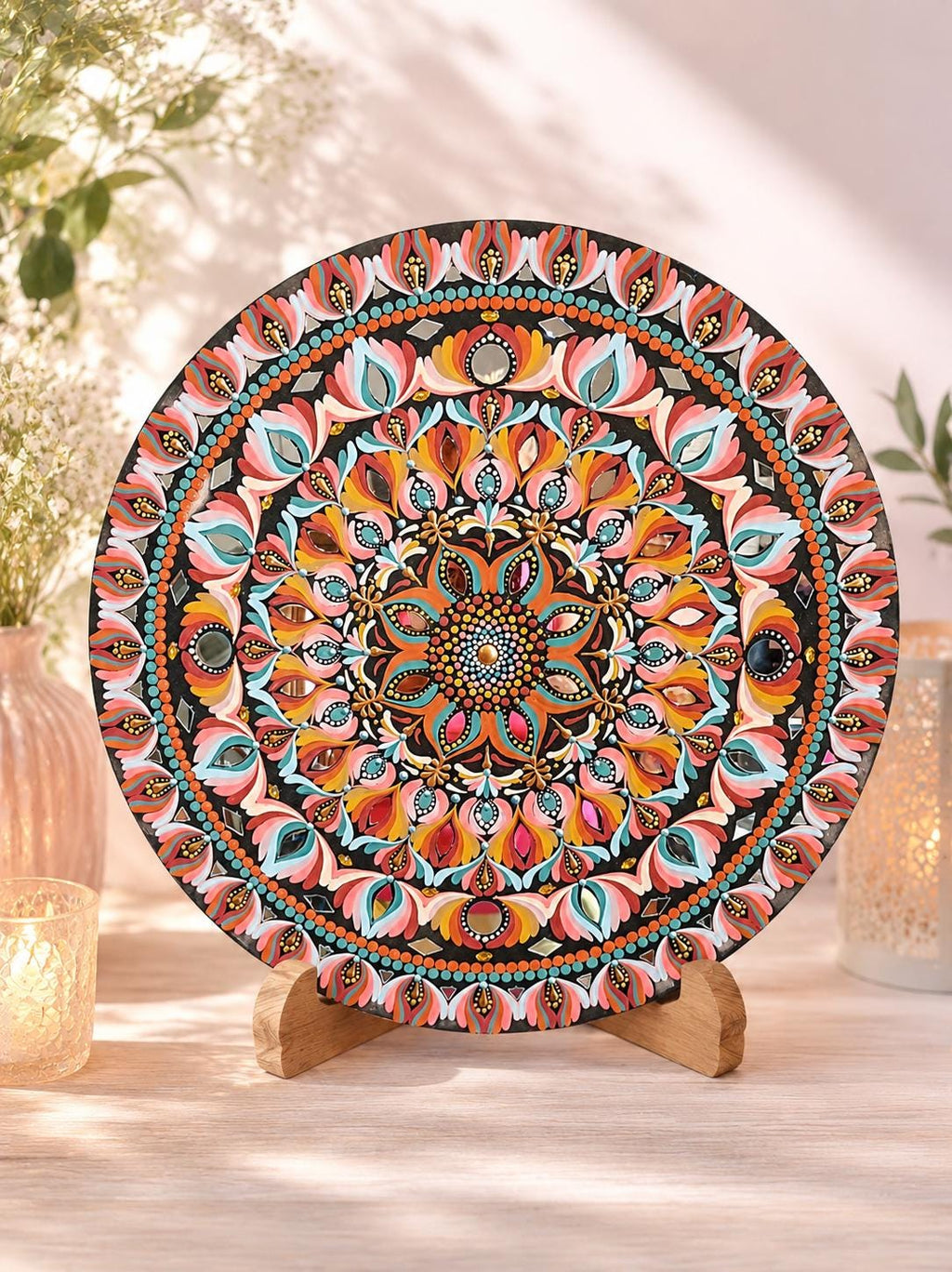 22" Sunset Bloom Mandala – Hand‑Painted Art