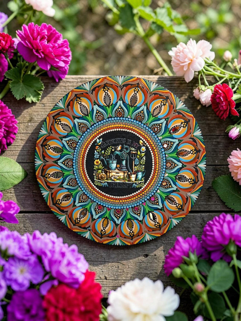 19.5" “Gardening Is My Therapy” Mandala Art