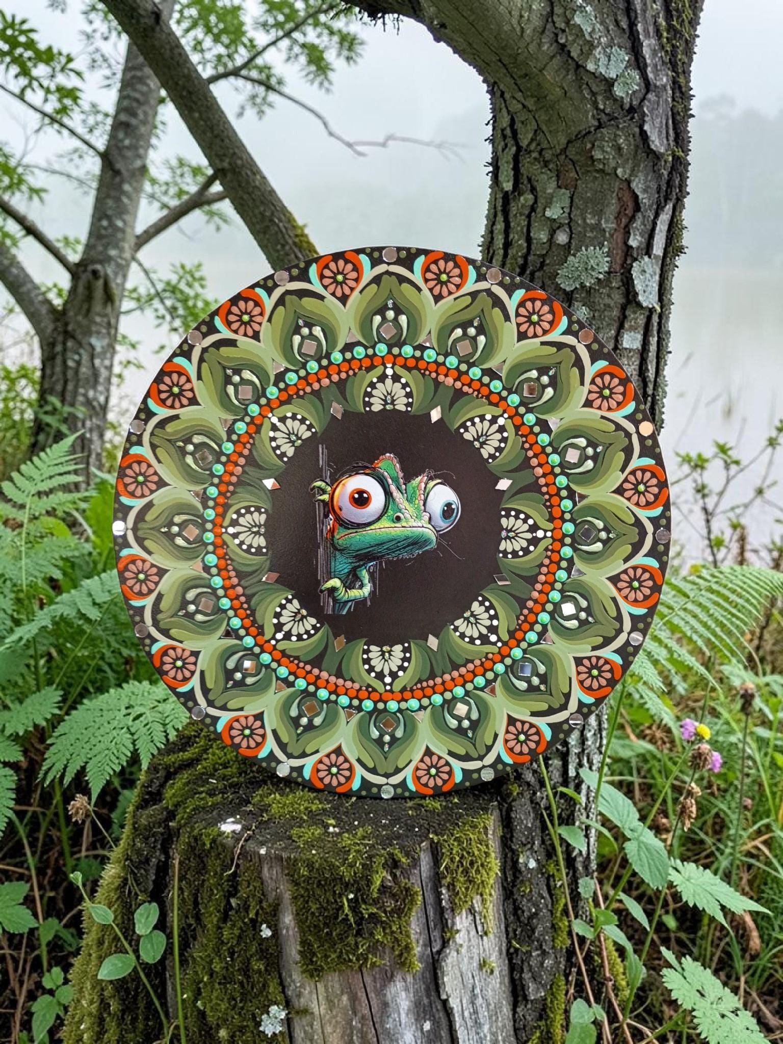 16" Chameleon Mandala – Hand‑Painted Mandala Art