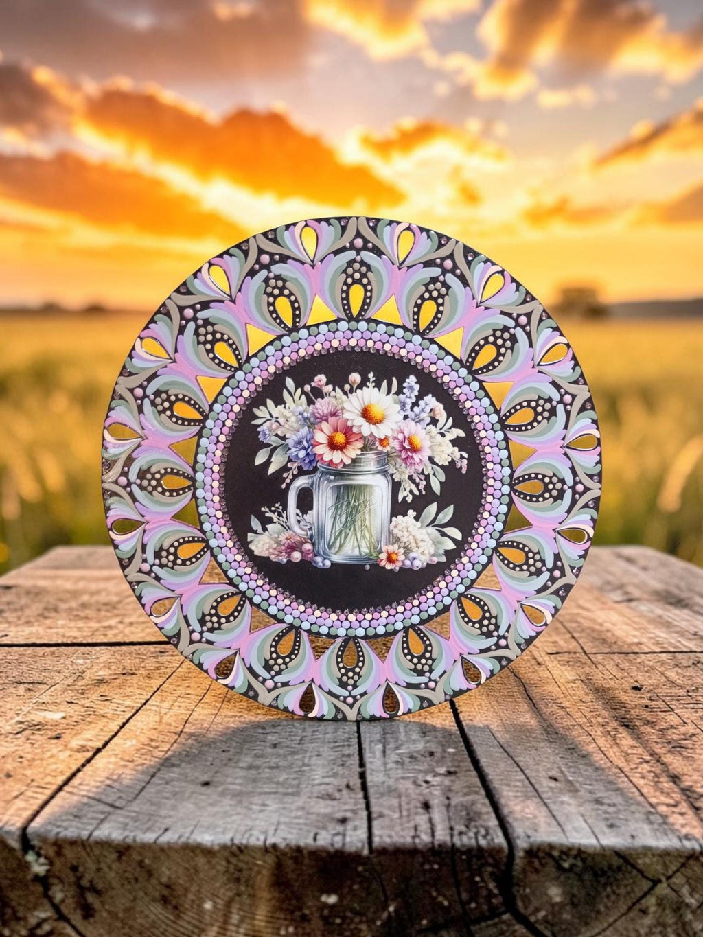 16" Floral Jar Mandala – Hand‑Painted Mandala Art
