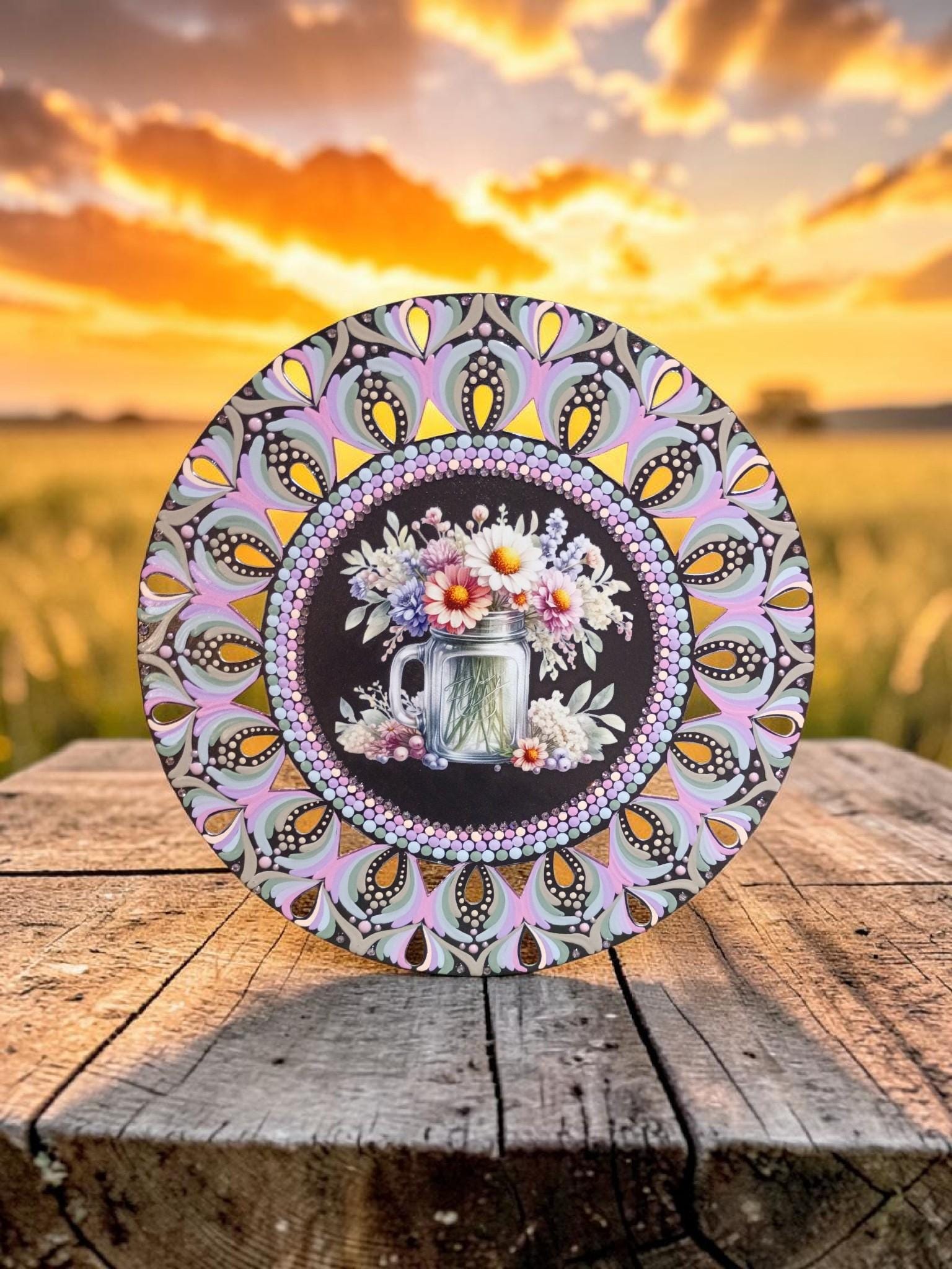 16" Floral Jar Mandala – Hand‑Painted Mandala Art