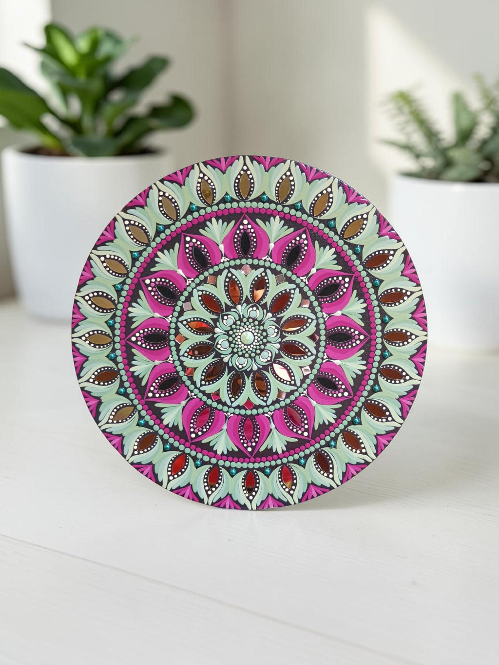 16" Hand-Painted Mandala Acrylic Art - Wall Hanging in Soft Green and Rose