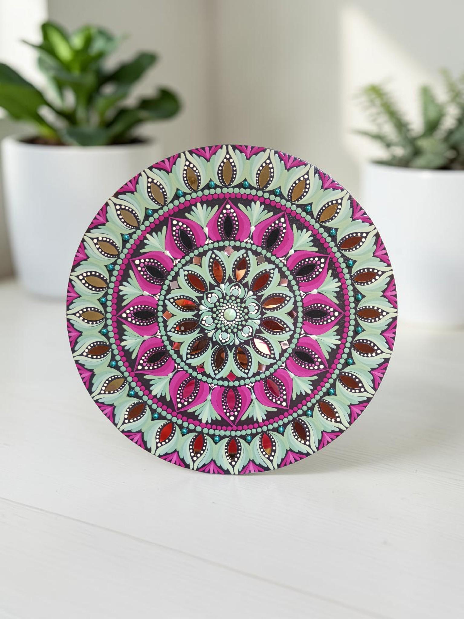 16" Hand-Painted Mandala Acrylic Art - Wall Hanging in Soft Green and Rose