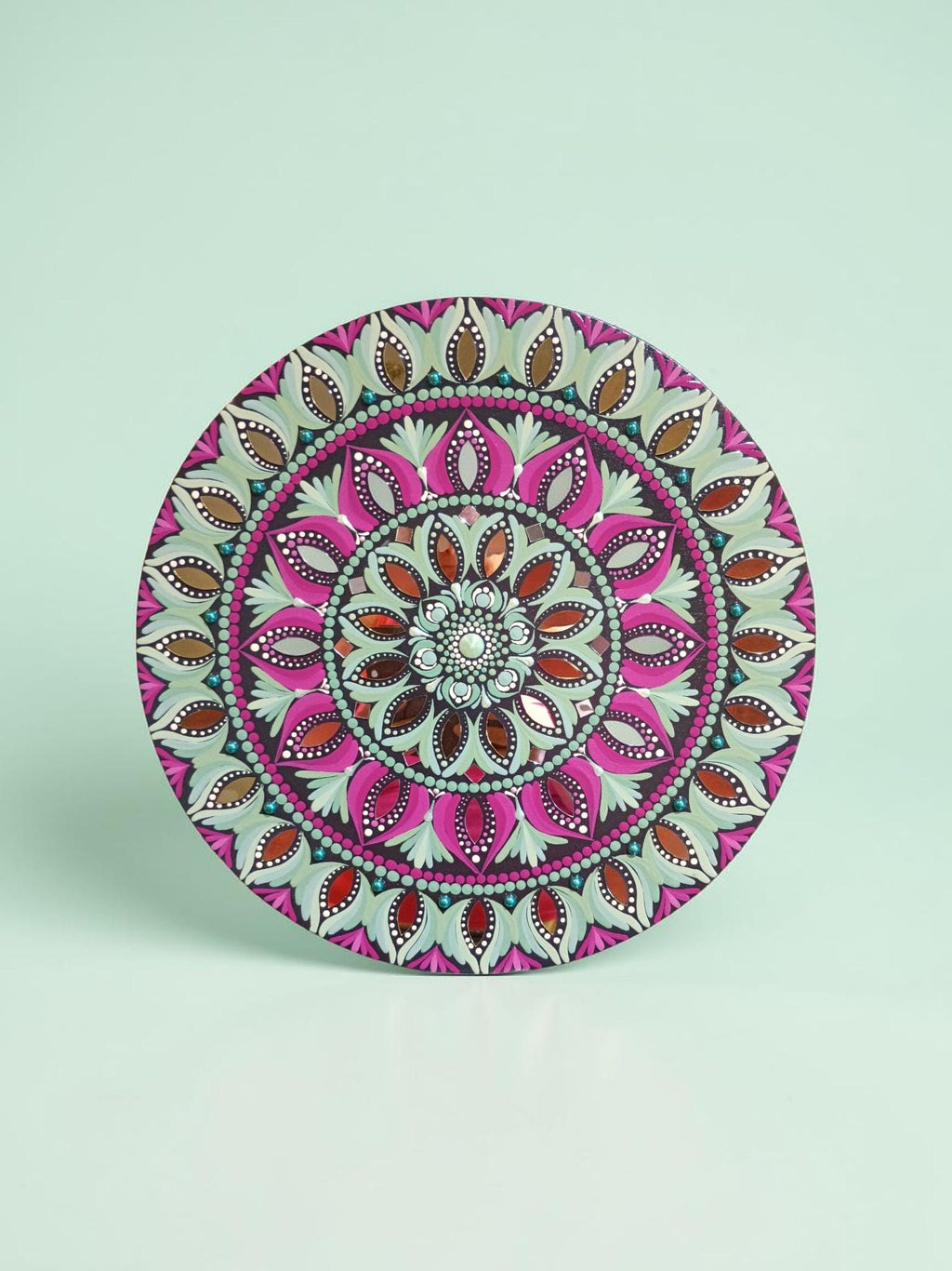 16" Hand-Painted Mandala Acrylic Art - Wall Hanging in Soft Green and Rose