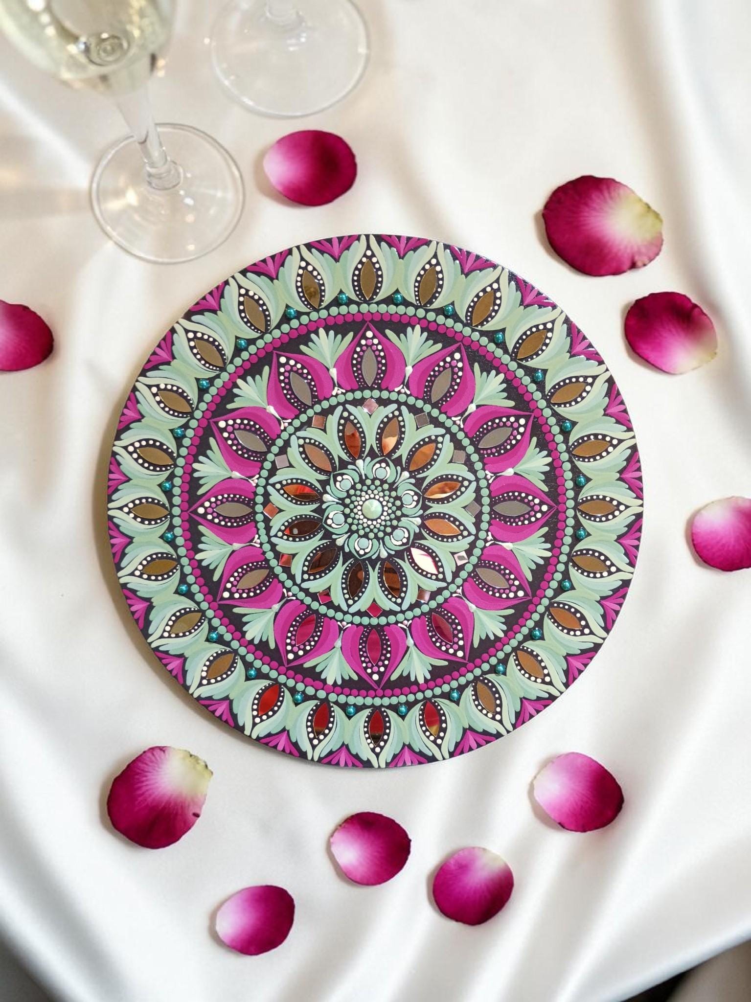 16" Hand-Painted Mandala Acrylic Art - Wall Hanging in Soft Green and Rose