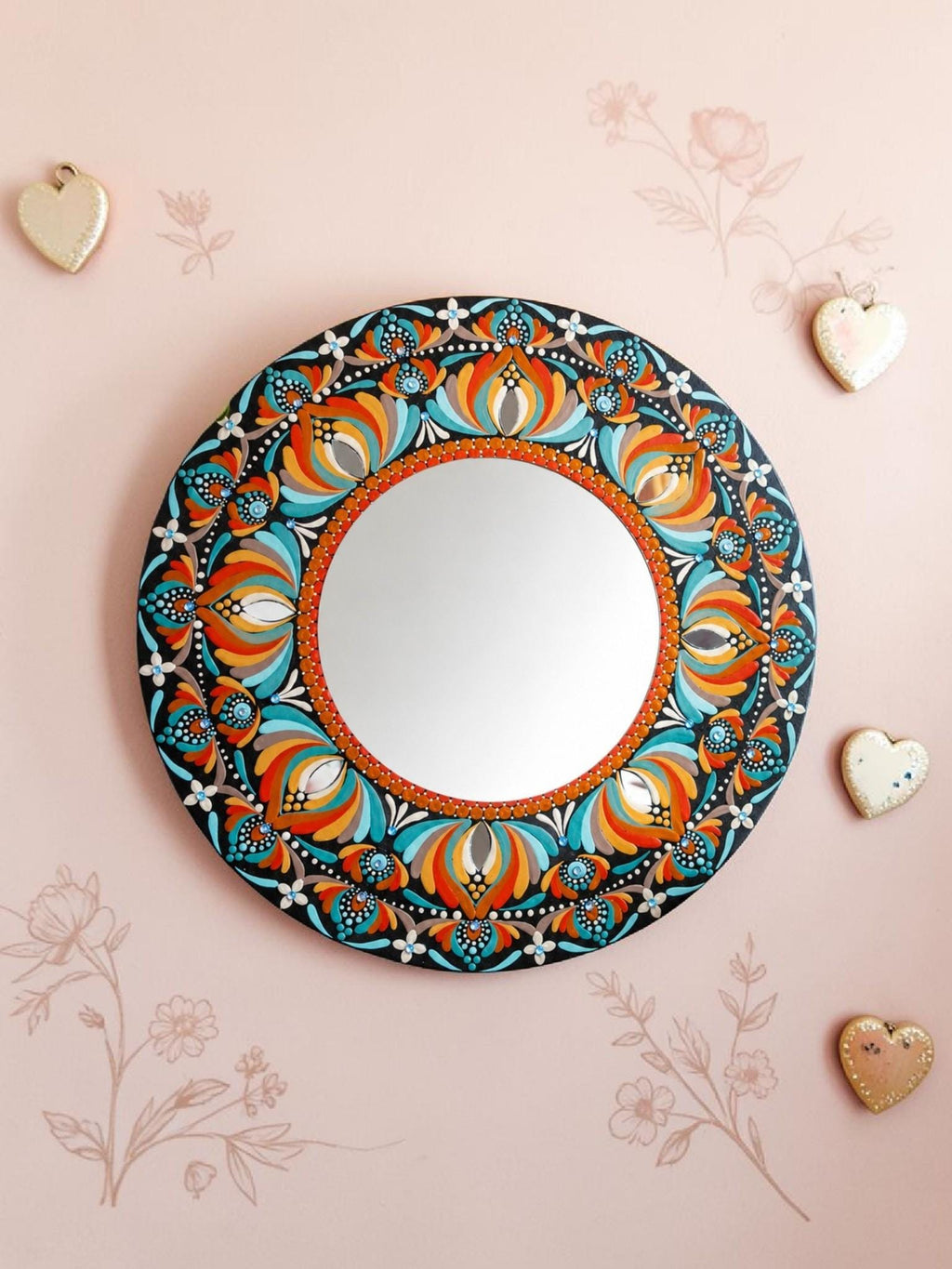 16" mandala mirror bursts with turquoise, orange, blue, and crisp white